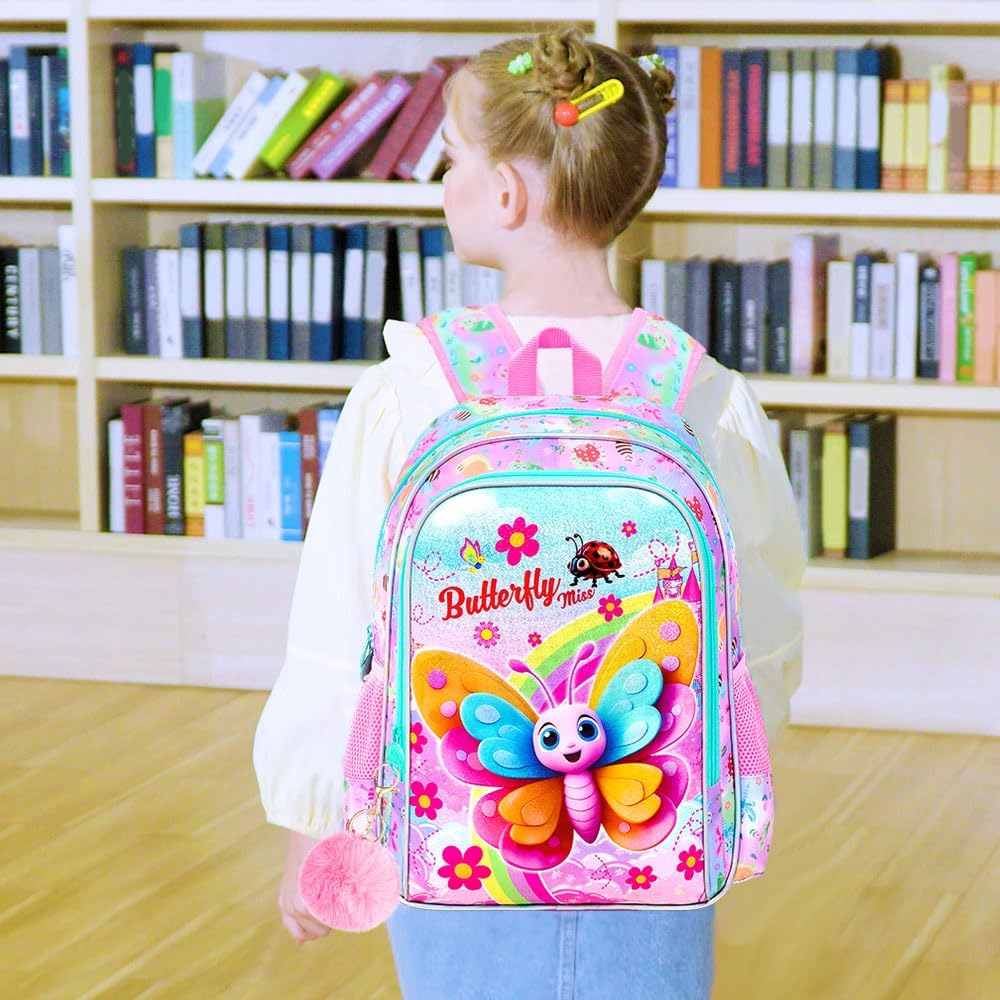 AGSDON 3PCS Girls Butterfly Backpack, 16" Kids Backpacks and Lunch Bag Set for Girls, Water Resistant Elementary Bookbag for Toddler - Image 7