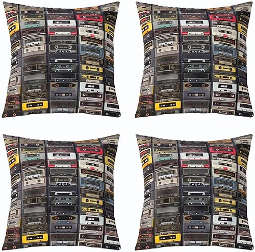 Erosebridal Paquete de 4 fundas de cojín de radios vintage con cinta de música retro, fundas de almohada impresas con cassette reproducción de