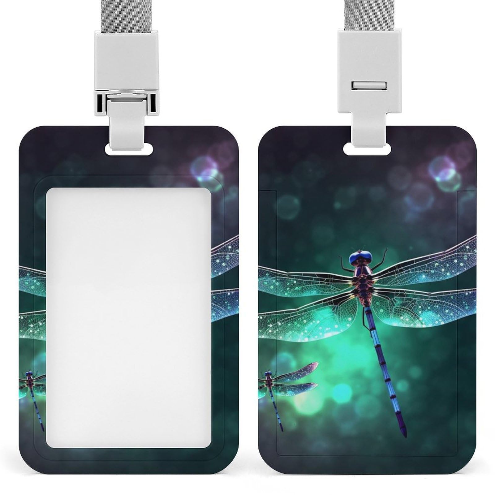 ID Card Holders for Lanyard,Galaxy Animal Dragonfly Printed Badge Holder with Clear Window,Plastic Vertical Bus Pass Holders for Work Teacher Nurse Employees Proximity Key Cards Women Men — image 1