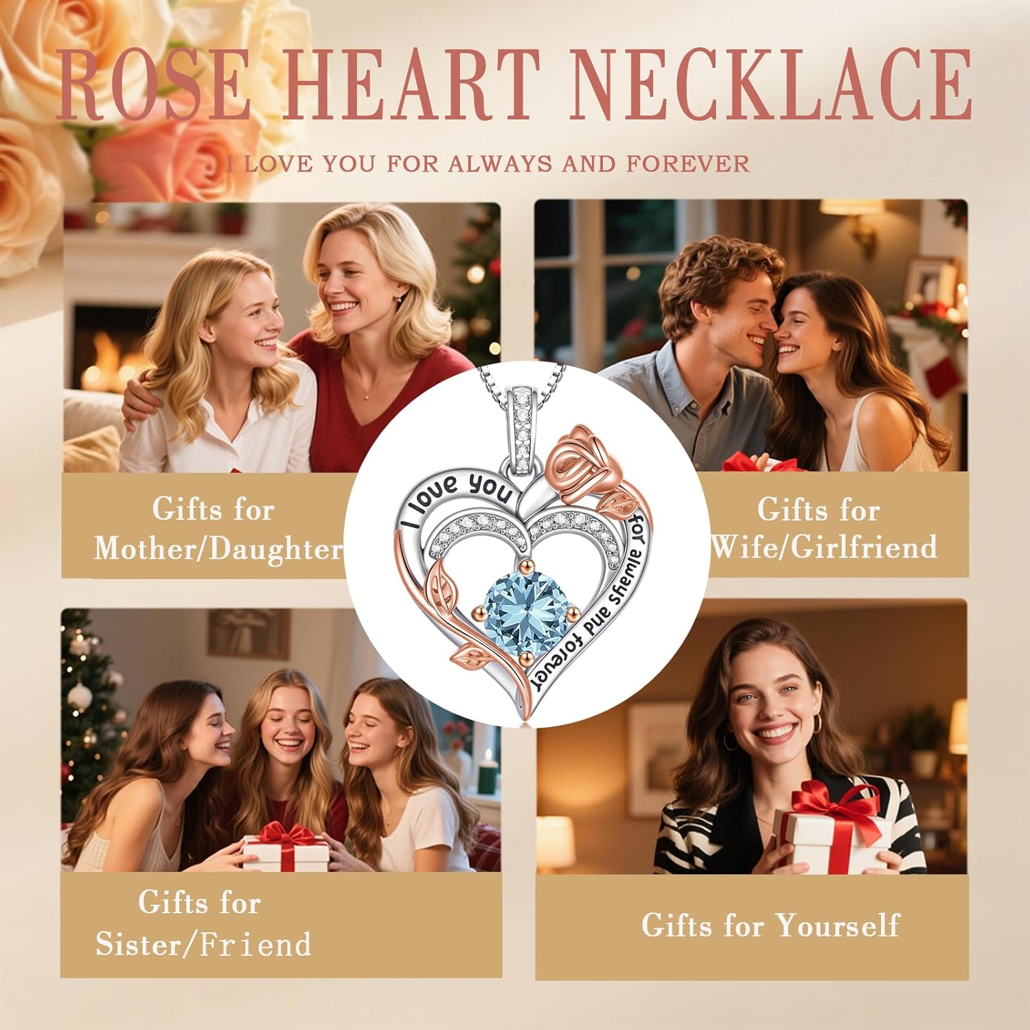 Rose Birthstone Heart Necklaces for Women S925 Sterling Silver I Love You Jewelry Gift for Women Birthday Wedding Anniversary, Mother’s Day Gifts for Mom, Mother, Wife, Girlfriend with Birthstone Pendent Necklace - Image 4