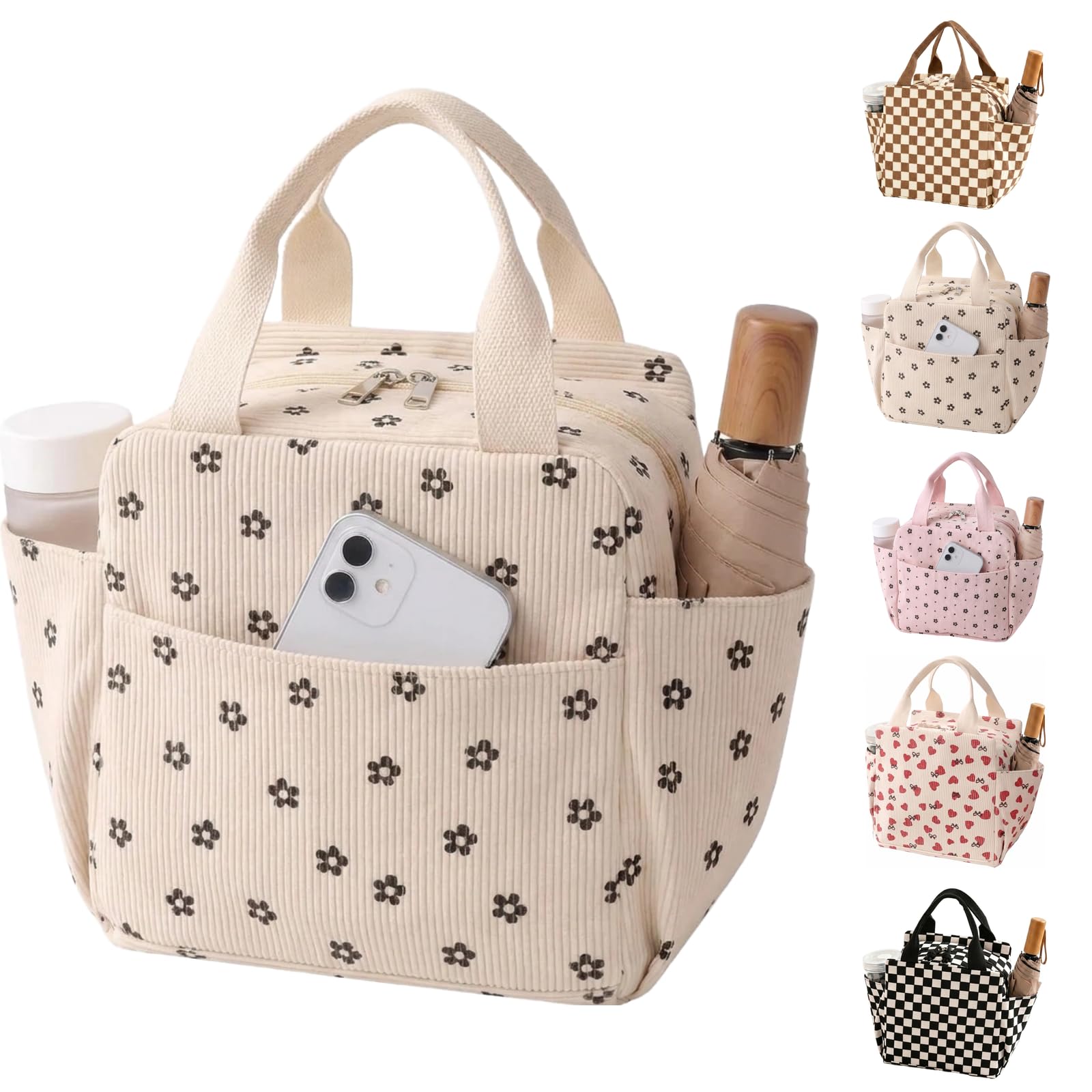 Arae Corduroy Insulated Lunch Bag Large Reusable Tote with Side Pockets Cooler Box for Work Picnic Travel Water Bottle Holder Collapsible Portable - Beige Flower — image 1