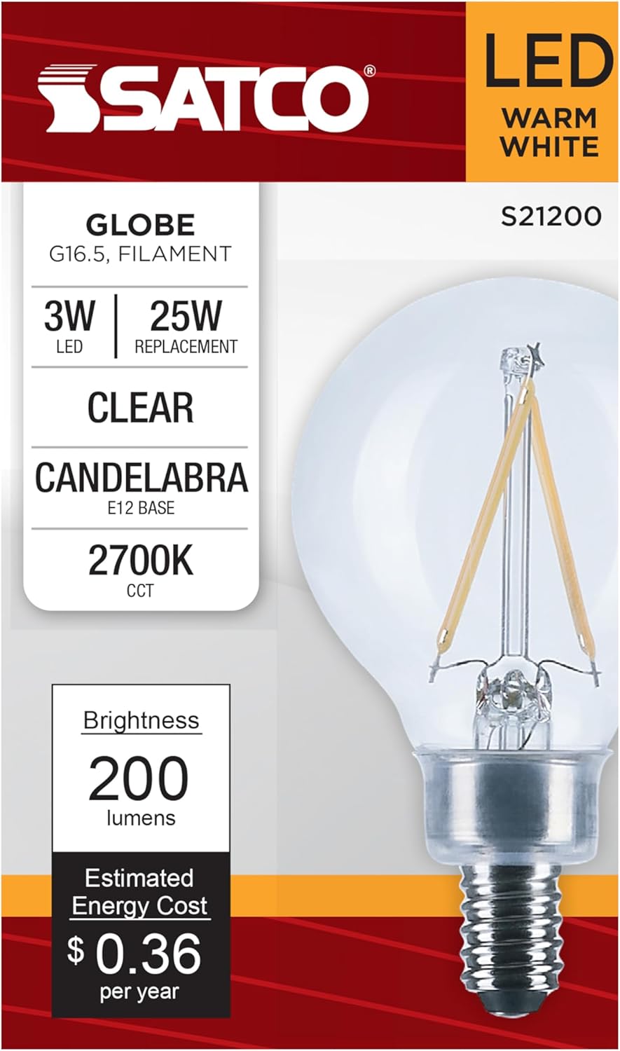 Satco S21200 3W G16.5 LED Filament Lamp, Clear, Candelabra Base, 2700K Warm White, 200 Lumens, 120V, 25W Incandescent Equivalent, Wet Location, 90 CRI, Dimmable, cULus (24 Pack)
