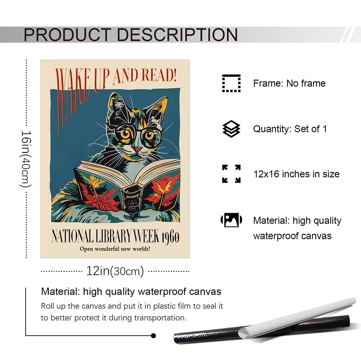 Poster Vintage Chat Et Livre - Réveillez-vous Et Lisez Sur Toile - Semaine Nationale Des Bibliothèques 1960 - Décoration Murale Pour Les Amateurs De Livres - 40 X 60 Cm - Sans Cadre