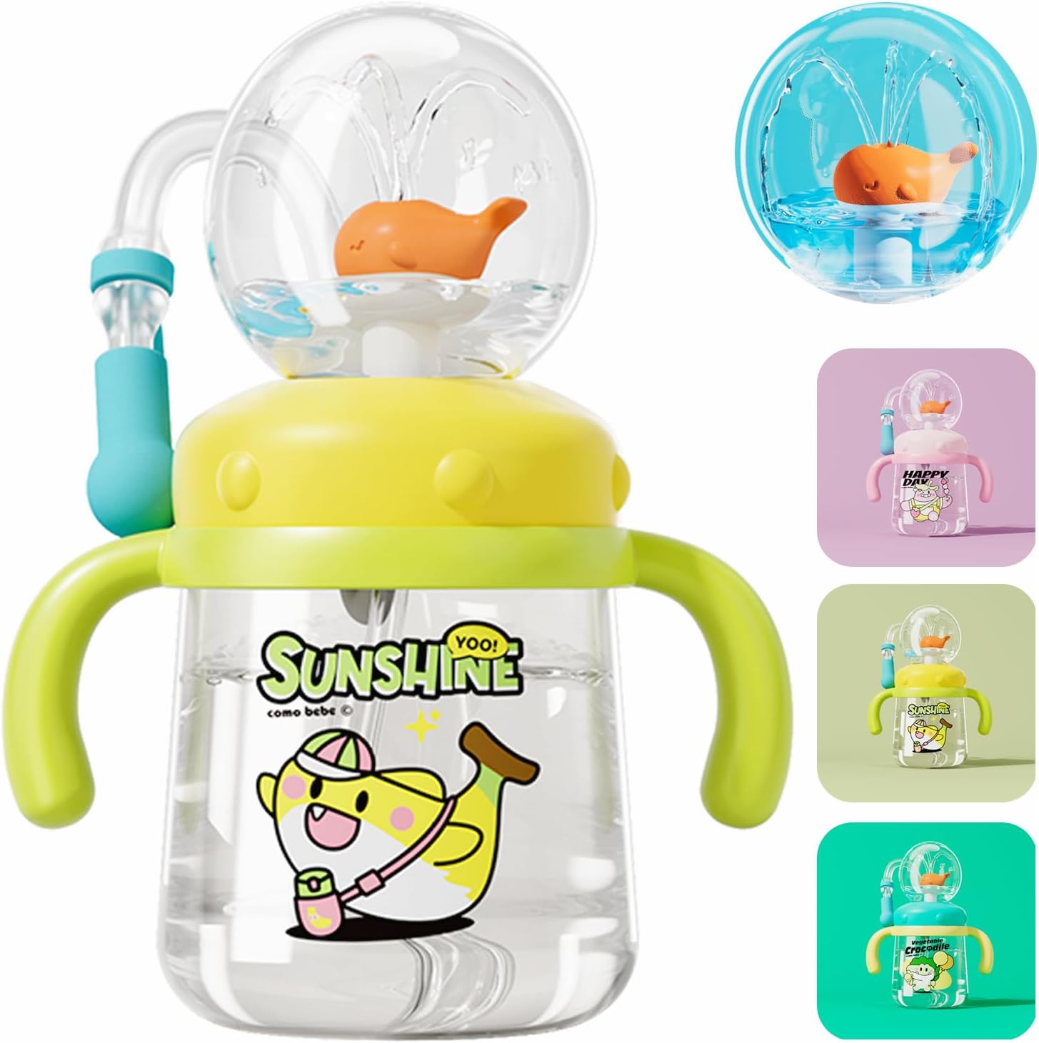 Whale Fountain Tumbler, Spill Proof Straw Cups for Toddlers Interactive Baby Straw Cup & Weighted Sippy Cups, Fun Drinking Cup with Whale Squirt 10oz/300ml