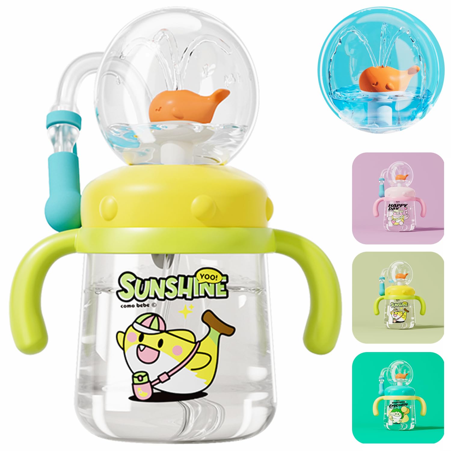 HBSAPKKA Whale Fountain Tumbler, Spill Proof Straw Cups for Toddlers Interactive Baby Straw Cup & Weighted Sippy Cups, Fun Drinking Cup with Whale