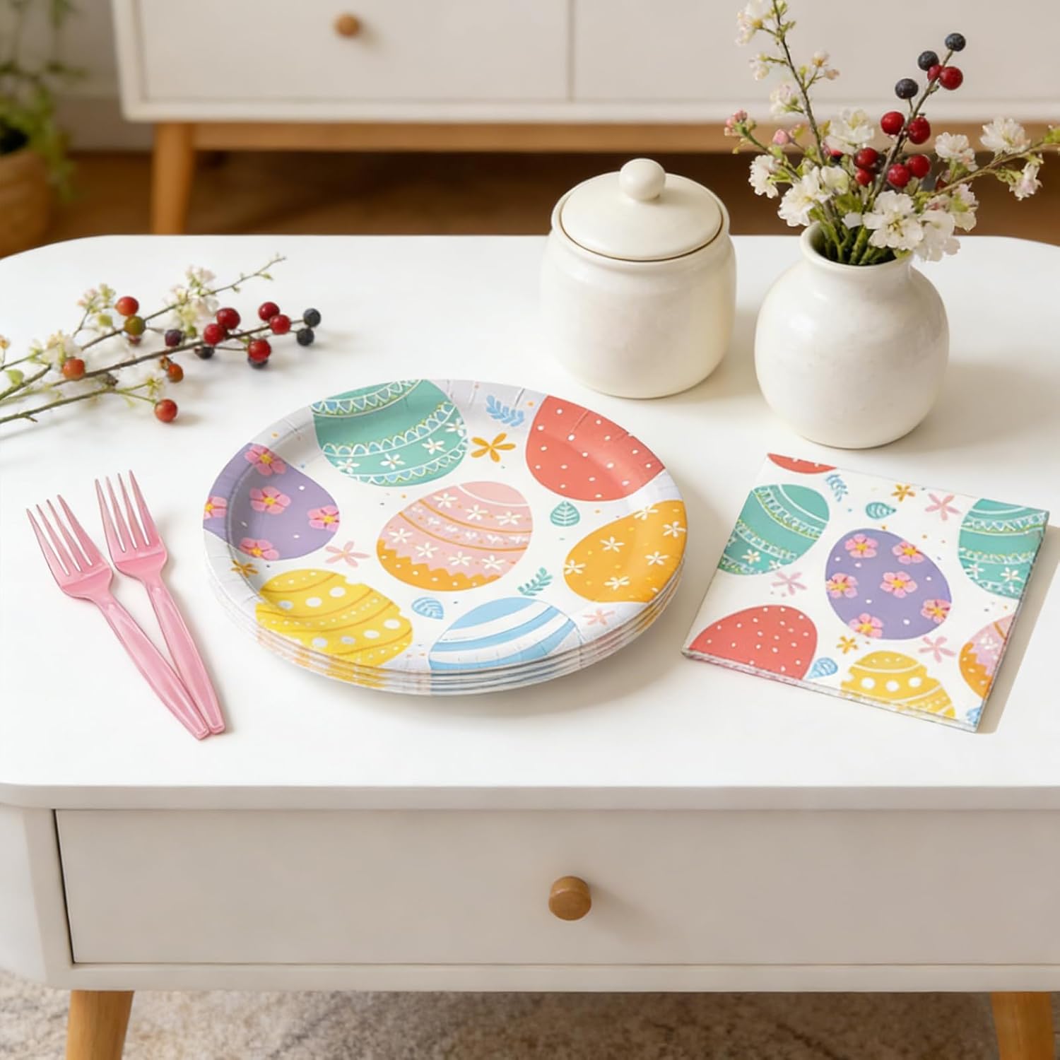 96Pcs Easter Tableware Set- Colorful Eggs Pattern Disposable Dinnerware with Paper Plates, Napkins, Forks for Holiday Dinners, Parties, and Spring Celebrations, Serves 24