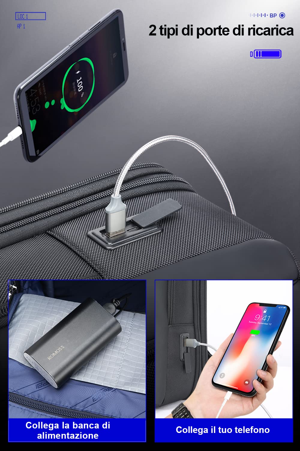 BOPAI Zaino da Uomo Zaino Antifurto Impermeabile Zaino Per PC Laptop Portatile con Porta USB da Casual Viaggio Bussiness Nero Zaino per Computer Portatile 15.6 Pollici