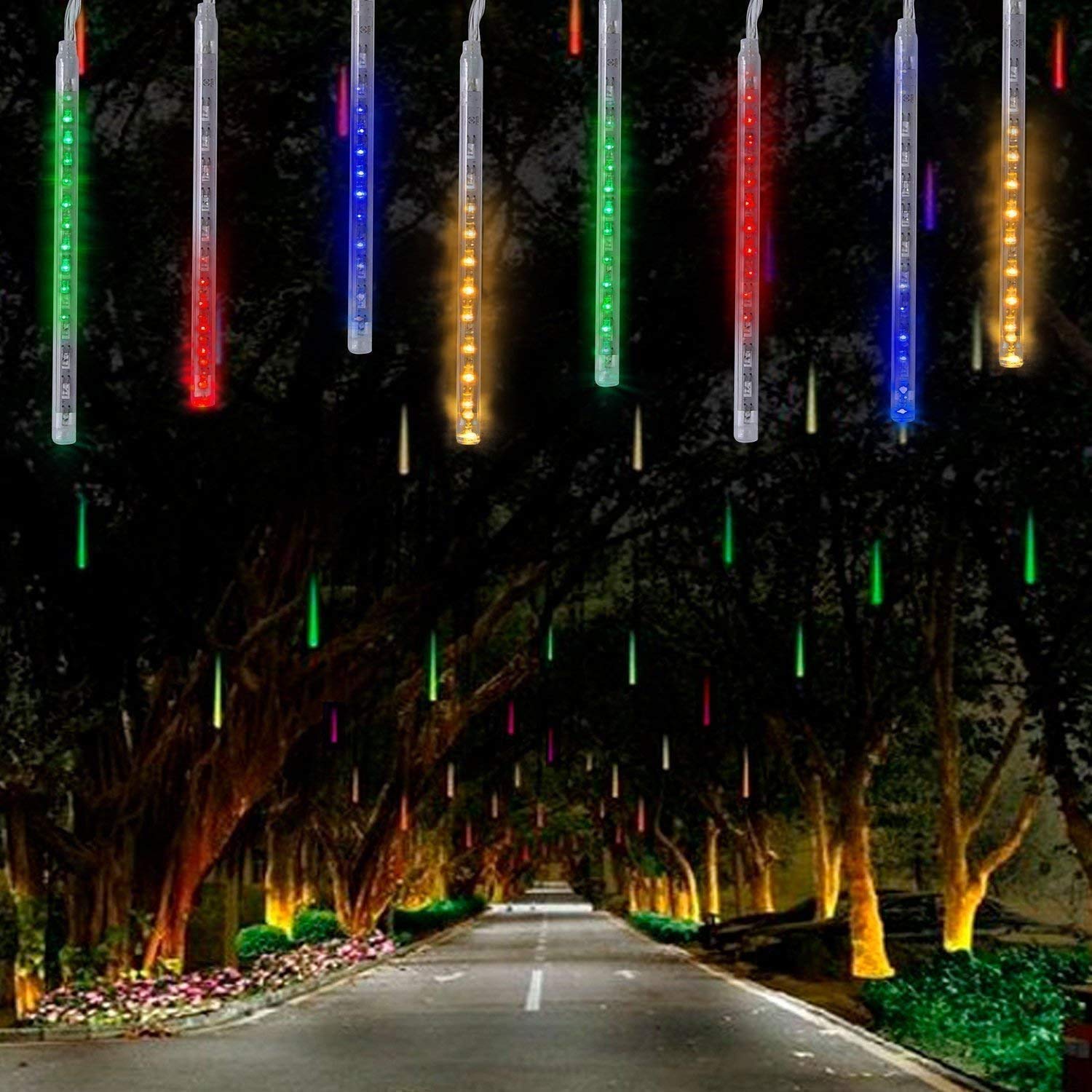 EOANT Meteor Schauer Regenlicht, Solar 360LED im Freien Weihnachten Regenlicht Schneeflocke Eis String Licht 10 Rohre 30cm Weihnachtsgarten Hochzeitsfeier Baum Balkondekoration (Multicolor)