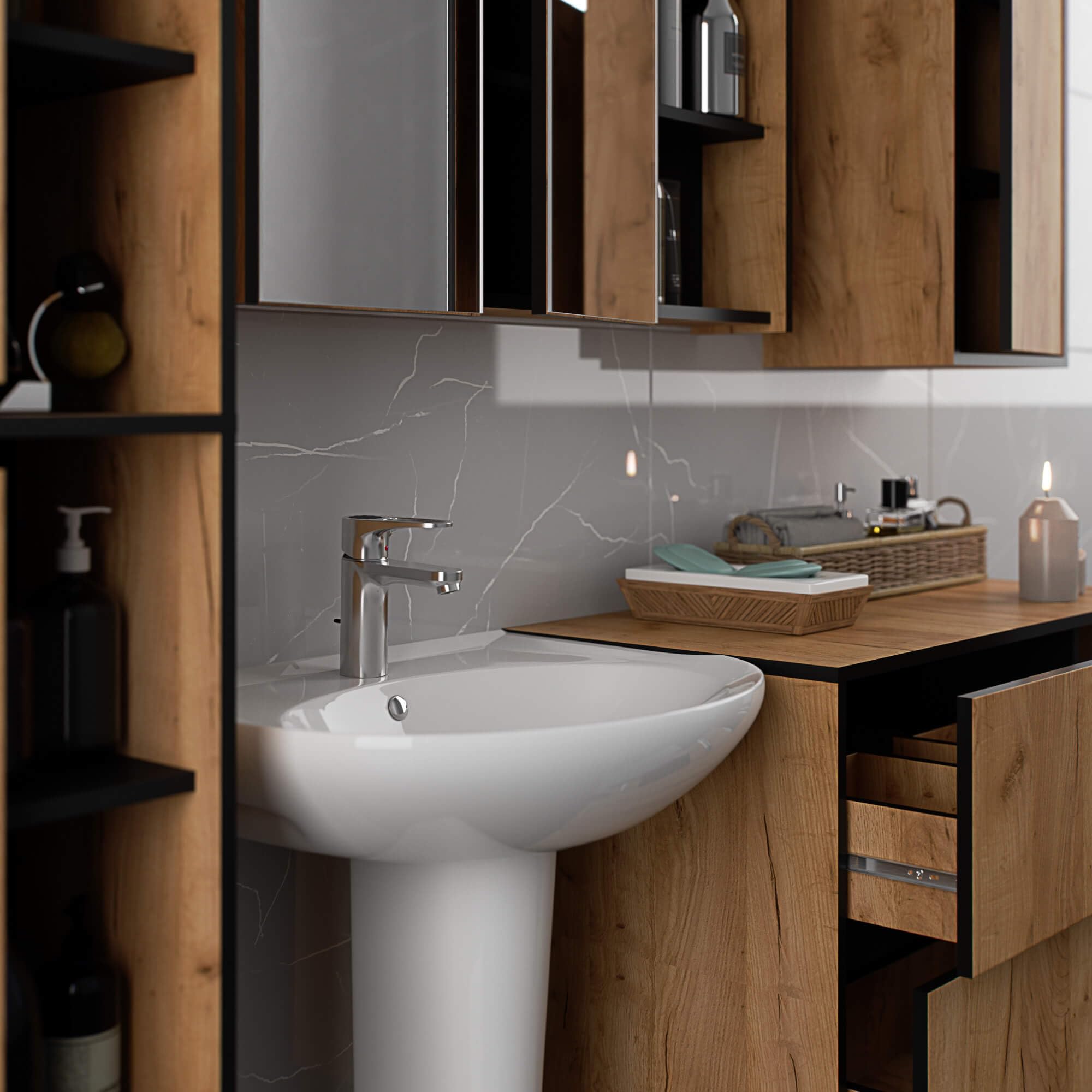 AKORD Meuble sous Vasque Salle de Bain VAMI 90 cm - sous-Lavabo Mural avec 2 Tiroirs - Rangement Pratique et Élegant - pour Vasque à Poser - 90x60x45,5 cm - Chêne Craft & Noir