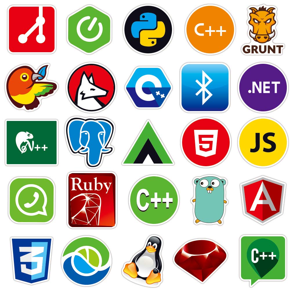 Sanmatic 100 sztuk naklejek na laptopa dla programistów, język programowania, zawiera naklejki IT-Logo, C ++, Python, Linux, Swift, dla geeków, inżynierów, hakerów, geeków, koderów