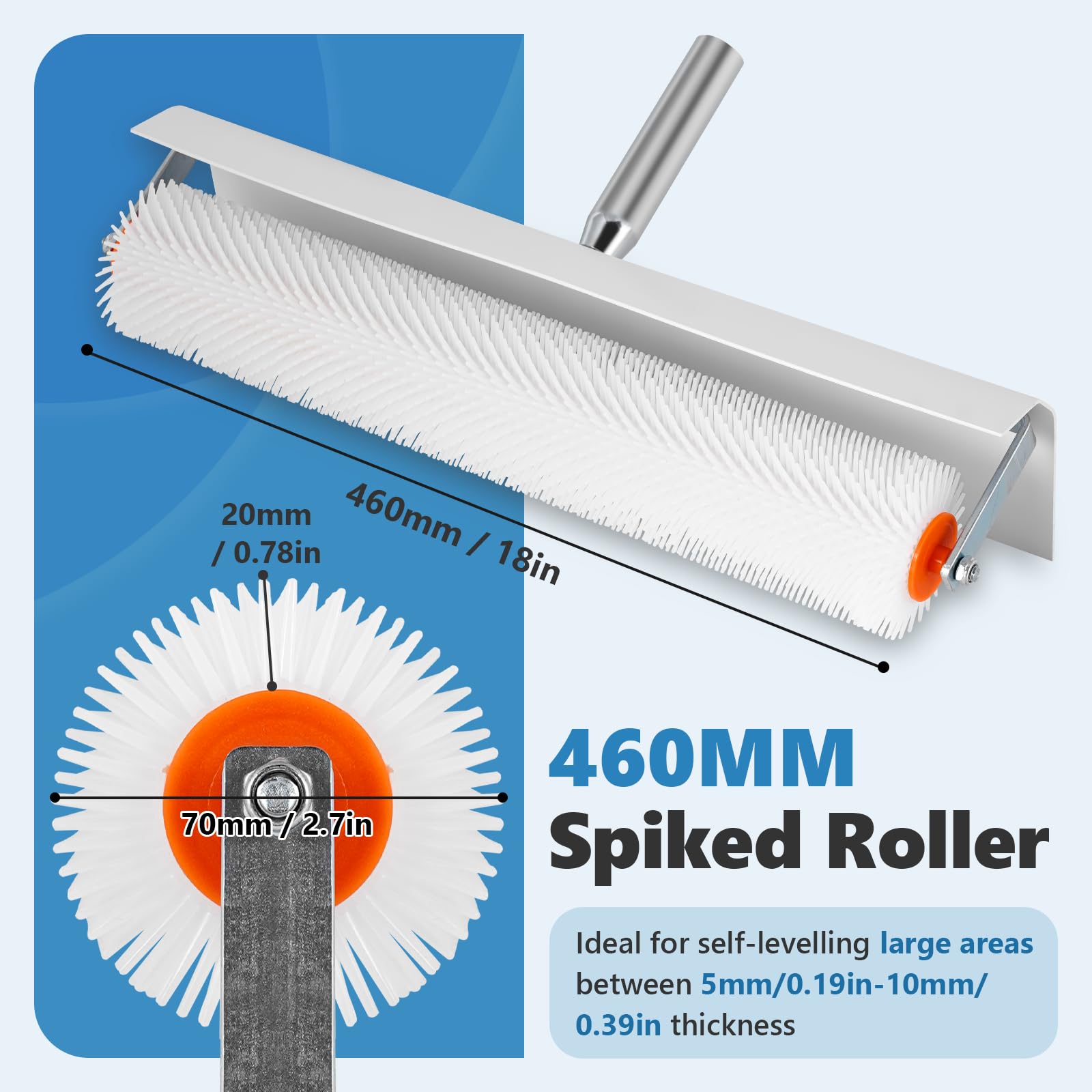 MXBAOHENG Rullo spinato 500 x 20 mm con paraspruzzi + asta lunga 1,6 m per eliminare bolle d'aria in masse autolivellanti con uno spessore di 5-10 mm