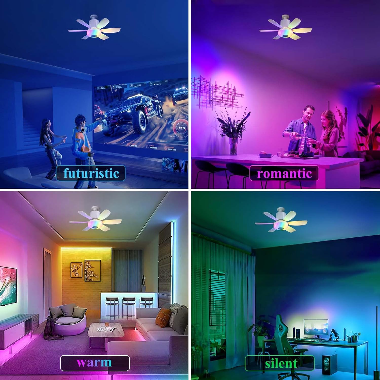 4 in 1 Socket Fan Light with Remote, 18.5 inch Small Ceiling Fans with Dimmable Led Light, Bluetooth Speaker, 3 Colors, 3 RGB Mode, 3 Fan Speeds, Screw in E26 Base for Bedroom Kitchen -White