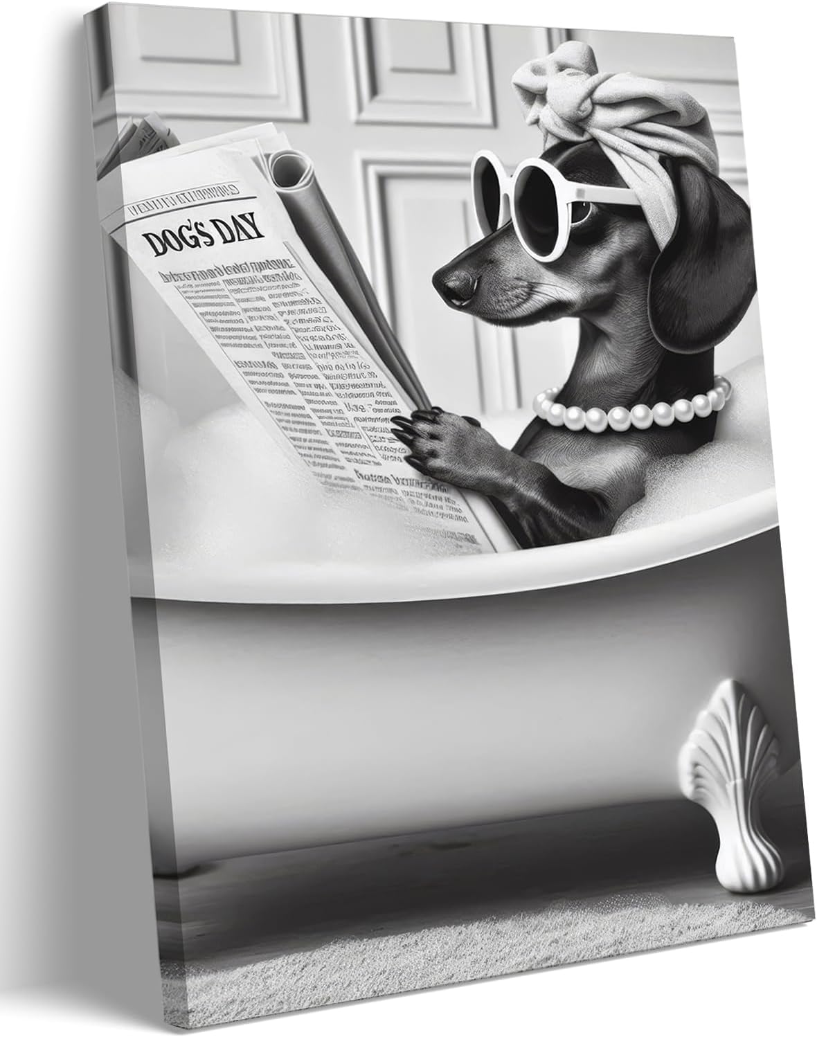 Funny Dog in Tub Canvas Wall Art Funky Dachshund Bathroom Picture Black and White Humor Animal Poster Prints Unique Cool Dog Lovers Painting Artwork Wall Decor for Restroom Bathroom 16x24in Framed