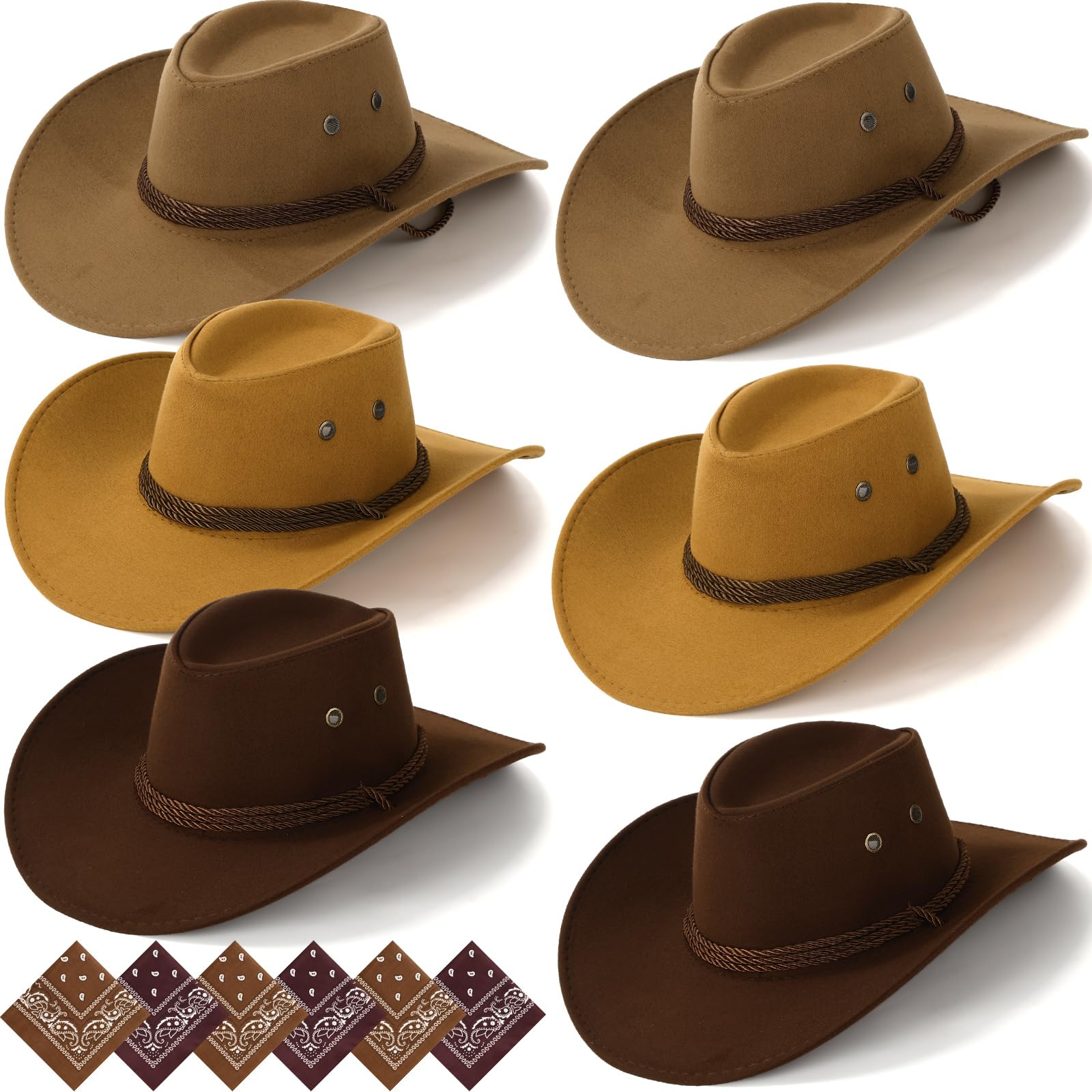 Zhanmai 12 Pcs Cowboy Hat and Bandana Cowboy Cowgirl Hats Bulk Western Party Costume Halloween Accessory