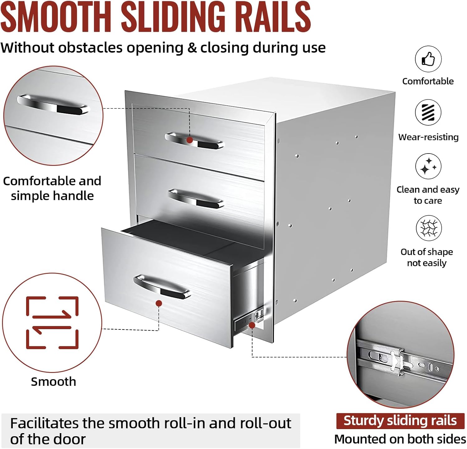 Outdoor Kitchen Drawers Stainless Steel, BBQ Drawer Inserts for Built-in Patio Grill Station, Triple Drawer, 14''W x 21''H x 23''D