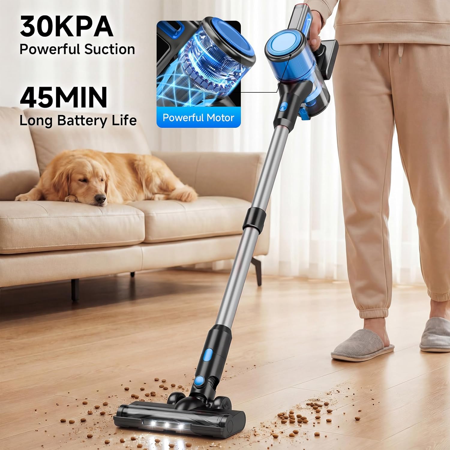 cordless vacuum cleaner for home - lightweight, stick vacuum clean with rechargeable battery, max 45mins runtime, 8 in 1 handheld similar product not like stock photovacuum for hardfloor & carpets pet hair, blue&black blue-black
