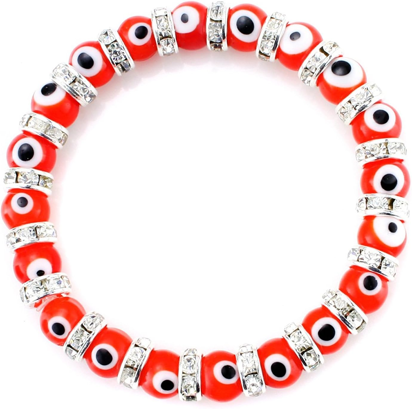 Turkish Evil Eye Bracelet Murano Glass Beads Beaded Clear Crystal Spacer Bracelet for Women (6-8mm, Blue Red Black White Mix Color Eye Beads)