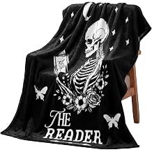 Moukeren Book Lover Gifts for Women, Gothic Skeleton Reading Blanket 50" x 60", Bookish Soft Flannel Throw, Dark Romance Bookworm Gifts for Reader, Librarian, Book Club