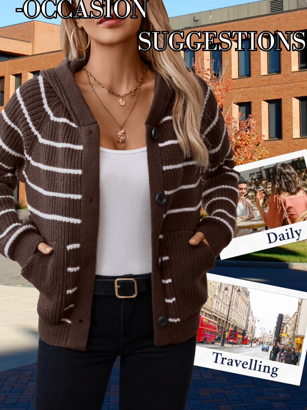 Women's Striped Hooded Cardigan, Chunky Ribbed Knit Button Up Preppy Sweater with Pockets - Image 2