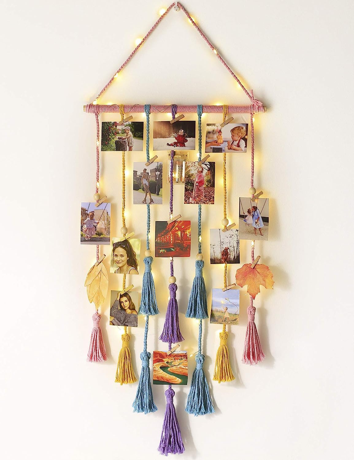 Room Decor for Teen Girls, Hanging Photo Display Macrame Picture Collage Wall Decor, Boho Decor for Bedroom Apartment Dorm Room with Remote String Light, Birthday Gifts for Teenage Girls (Multi Color)