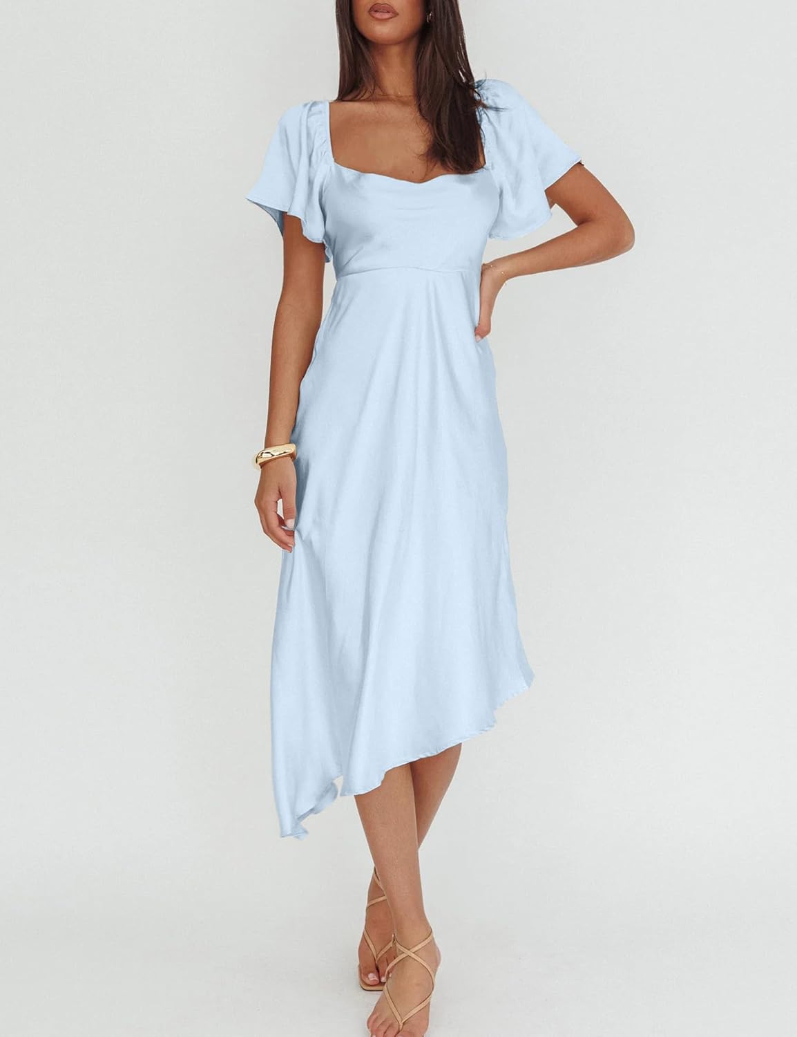 2026 Satin Cowl Neck Flutter Sleeve Midi Dress Silk Sexy Tie Back Asymmetrical Hemline Formal Long Dresses for Wedding Guest - Image 4