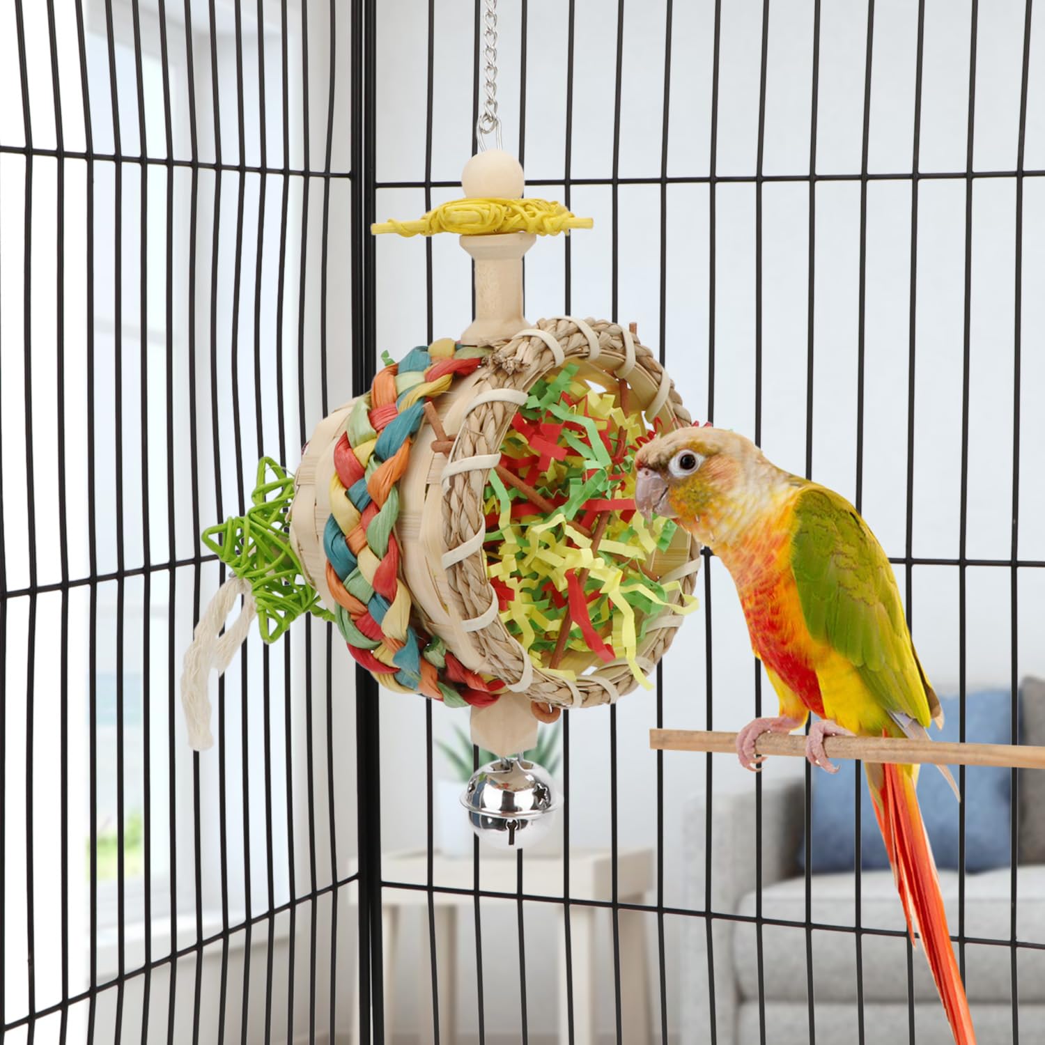Hypeety Bird Foraging Toys Natural Seagrass Woven Basket Parrot Foraging Chewing Toy with Bell Colourful Parakeet Hanging Toys for Cockatiel Sun Parakeet Budgie Lovebirds (1 pc Woven Basket) - image 5