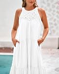 BTFBM Summer Halter Dresses for Women 2026 Casual Spring Hollow Out Sleeveless Boho Sundresses Beach Vacation Maxi Dress