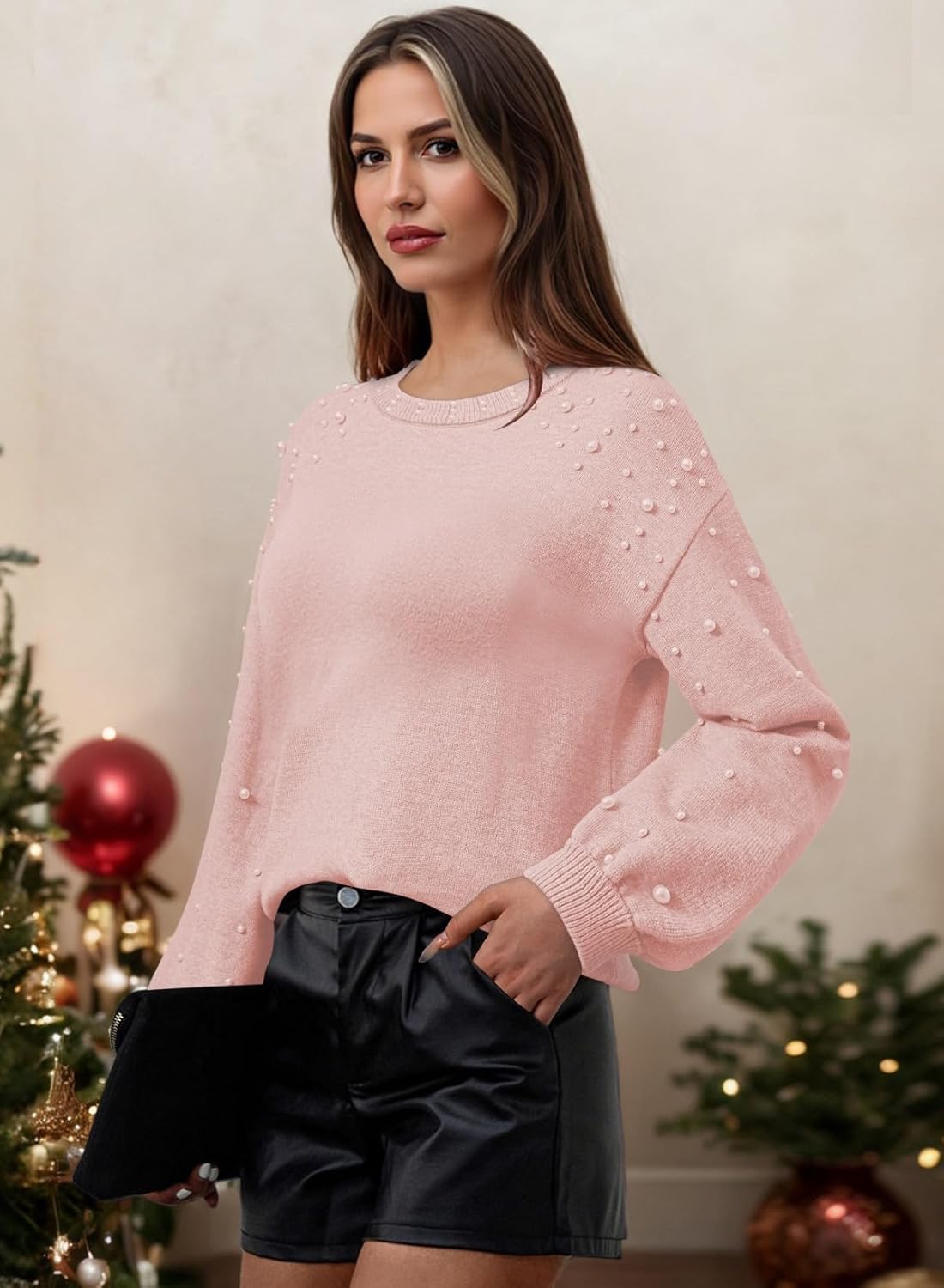 Pink Queen Pearl Sweater for Women 2025 Fashion Fall Winter Chunky Crewneck Lantern Sleeve Loose Knit Pullover Sweaters Top - Image 5