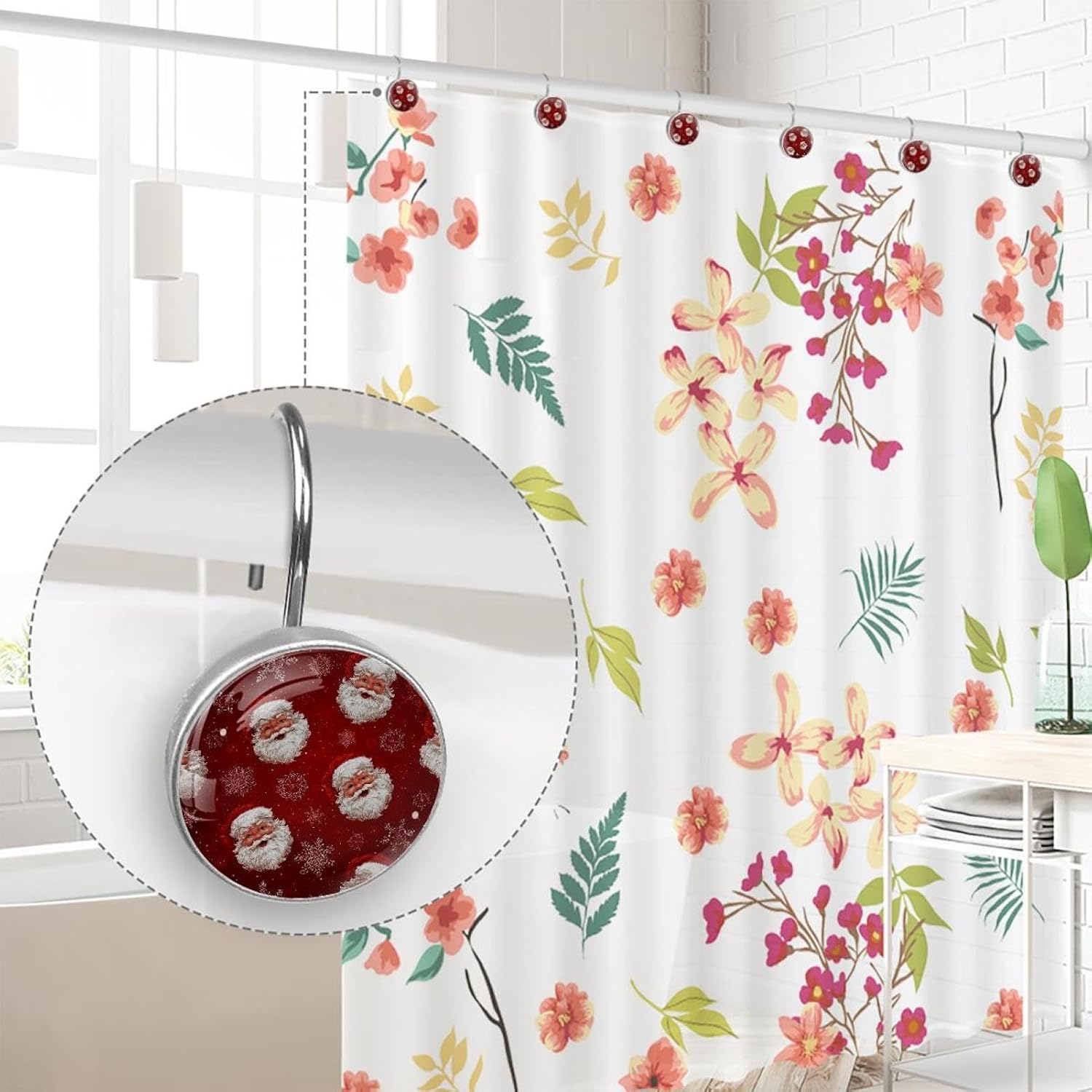 Set of 12 Shower Curtain Hooks, Shower Curtain Rings Crystal Glass Decorative Bathroom Hook, Santa Snowflakes Red (3)