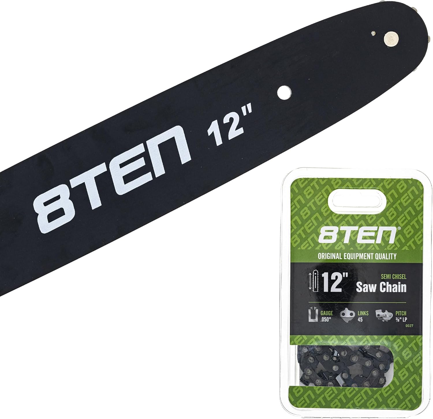 8TEN 12" Chainsaw Guide Bar & Chain .050 3/8 45DL for Husqvarna 326 525 P5 Echo Homelite Poulan 574135201 531300448