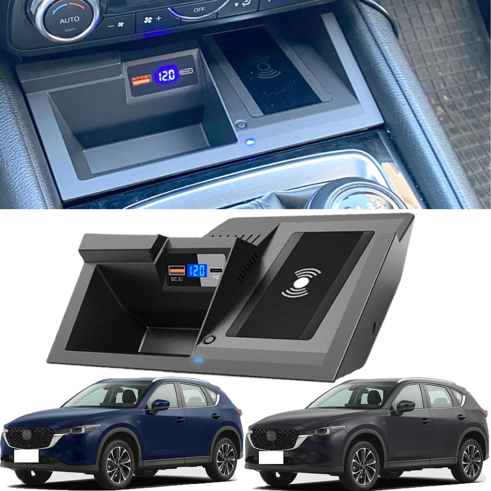 Caricabatterie Wireless per Auto per Tutti i Modelli Cx-5 Accessorio con 15 W Wireless e USB Qc3.0 Ricarica Rapida Regalo per la Famiglia