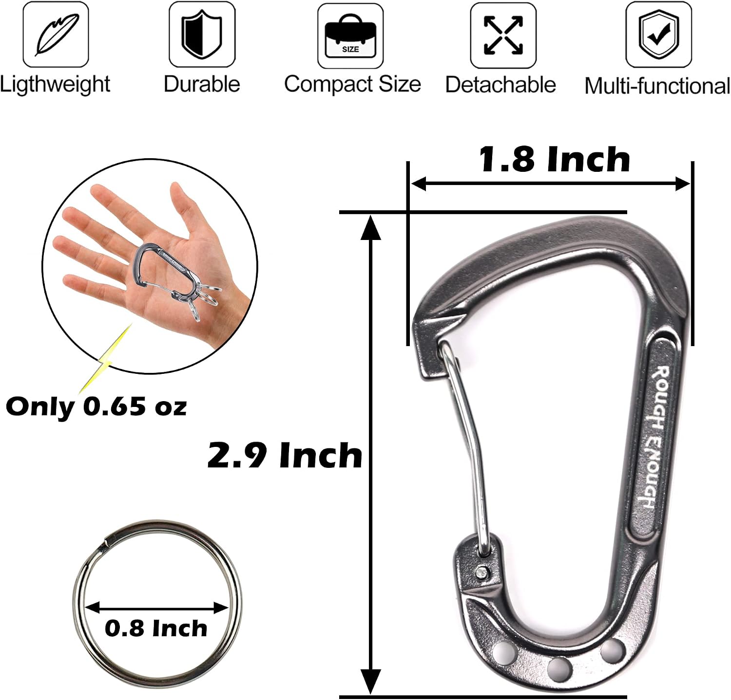 Rough Enough Carabiner Keychain Clip with Triple 3 Keyring Buckle Aluminum Alloy Metal for EDC Preppy Teens Men