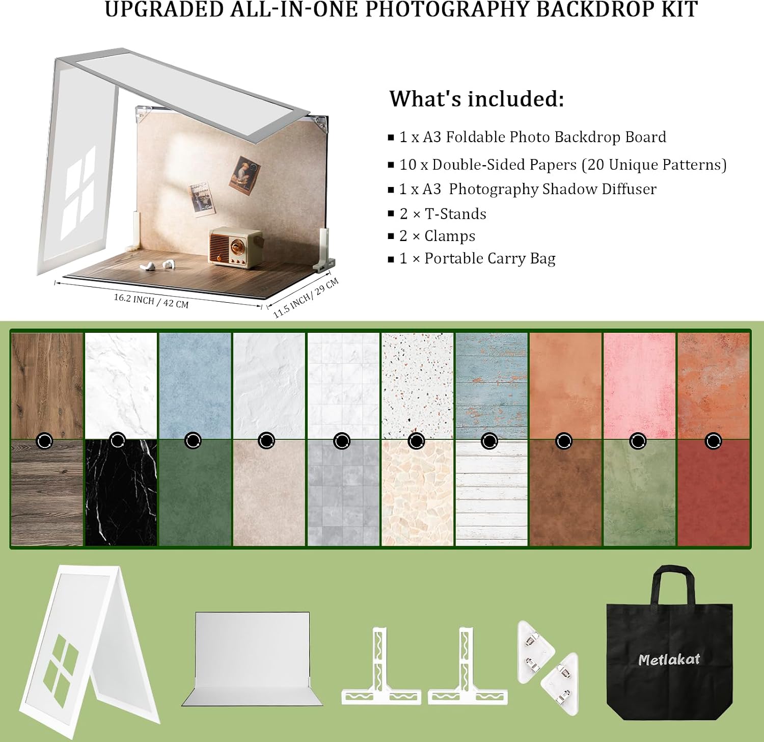 Photo Backdrop Board with Shadow Diffuser, 10 Pcs 20 Patterns Waterproof Food Photography Backgrounds, Tabletop Small Shooting Kit for Product, Jewelry & Makeup, Metlakat