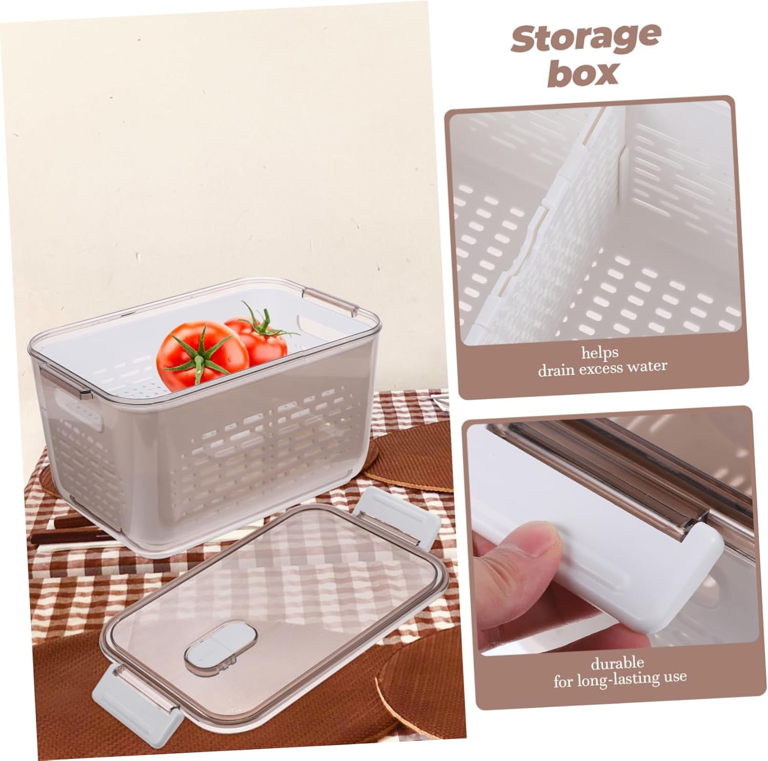 Garneck Fridge Salad Keeper and Fruit Container Divided Drain Basket for Vegetable Storage for Kitchen Organization and Food Preservation Tea Color Design