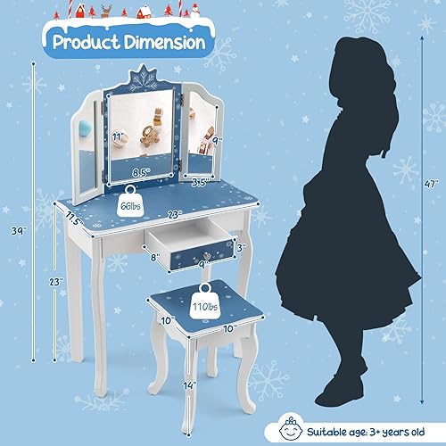 Miniatura 6 de Costzon Juego de mesa de tocador y silla para niños con espejo, taburete, cajón de almacenamiento, tocador de madera de princesa para niñas