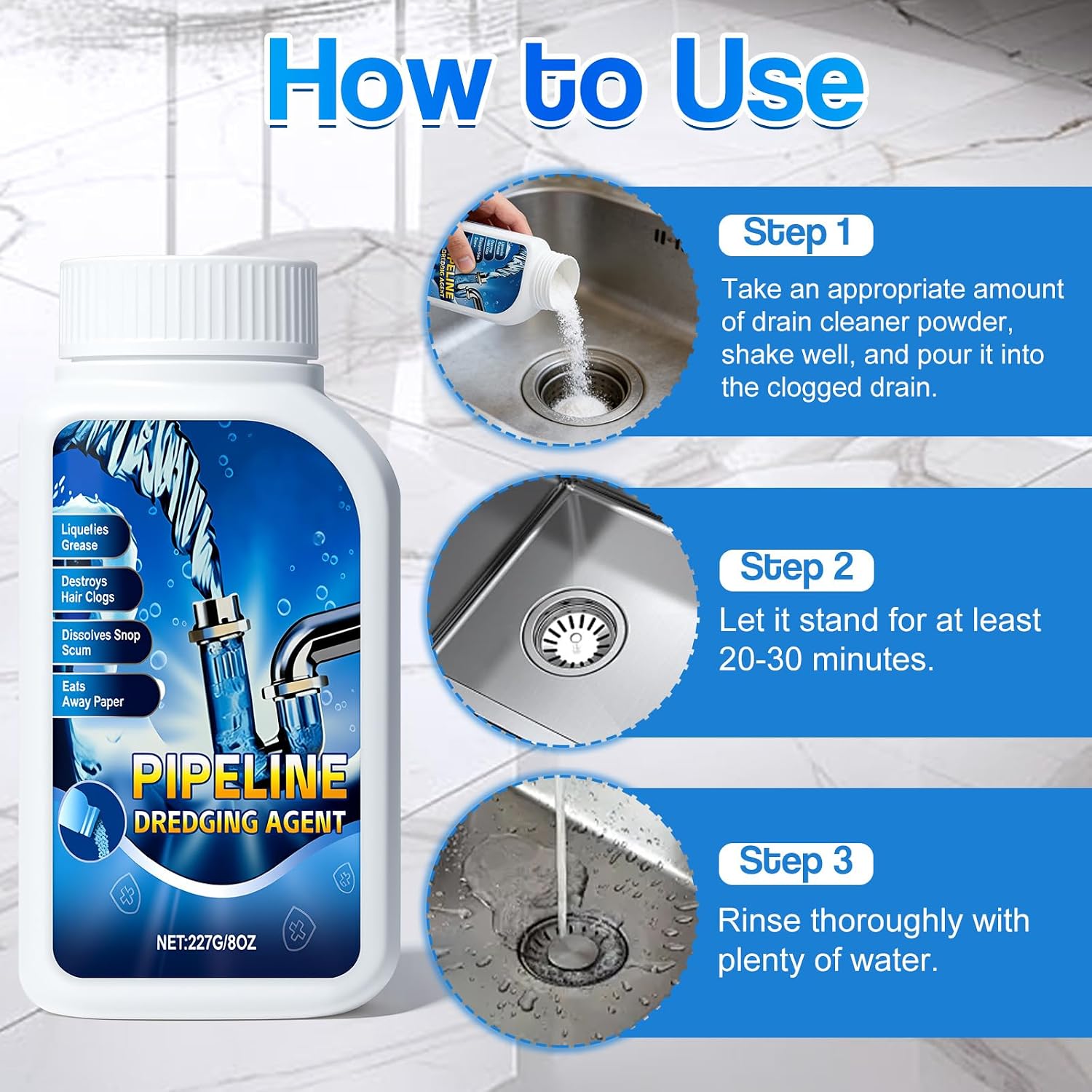 Powerful Drain Cleaner & Deodorizer, Pipeline Dredging Agent for Kitchen Sink & Bathroom, Fast-Acting Drain Clog Remover, Safe for All Pipes, Hair Grease Dissolver, 2pcs