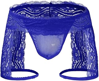Mens Lace Panty Lingerie Mesh Sheer Strappy Floral Lace G-String Thongs Crossdress Underpants with Garter