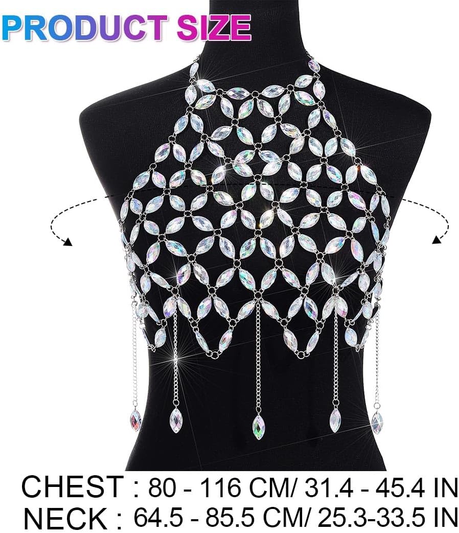 BODIY Crystal Body Chain Tops Silver Rhinestone Halter Crop Tops Bikini Chain Bra Iridescent Body Jewelry for Women