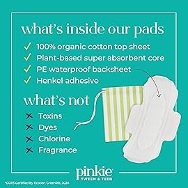 Pinkie Period Starter Pads - Designed for Smaller Underwear - Organic Cotton Topsheet Tween & Teen Pads with Wings - Chlorine Free & Fragrance Free - Teen Small, 18 Count