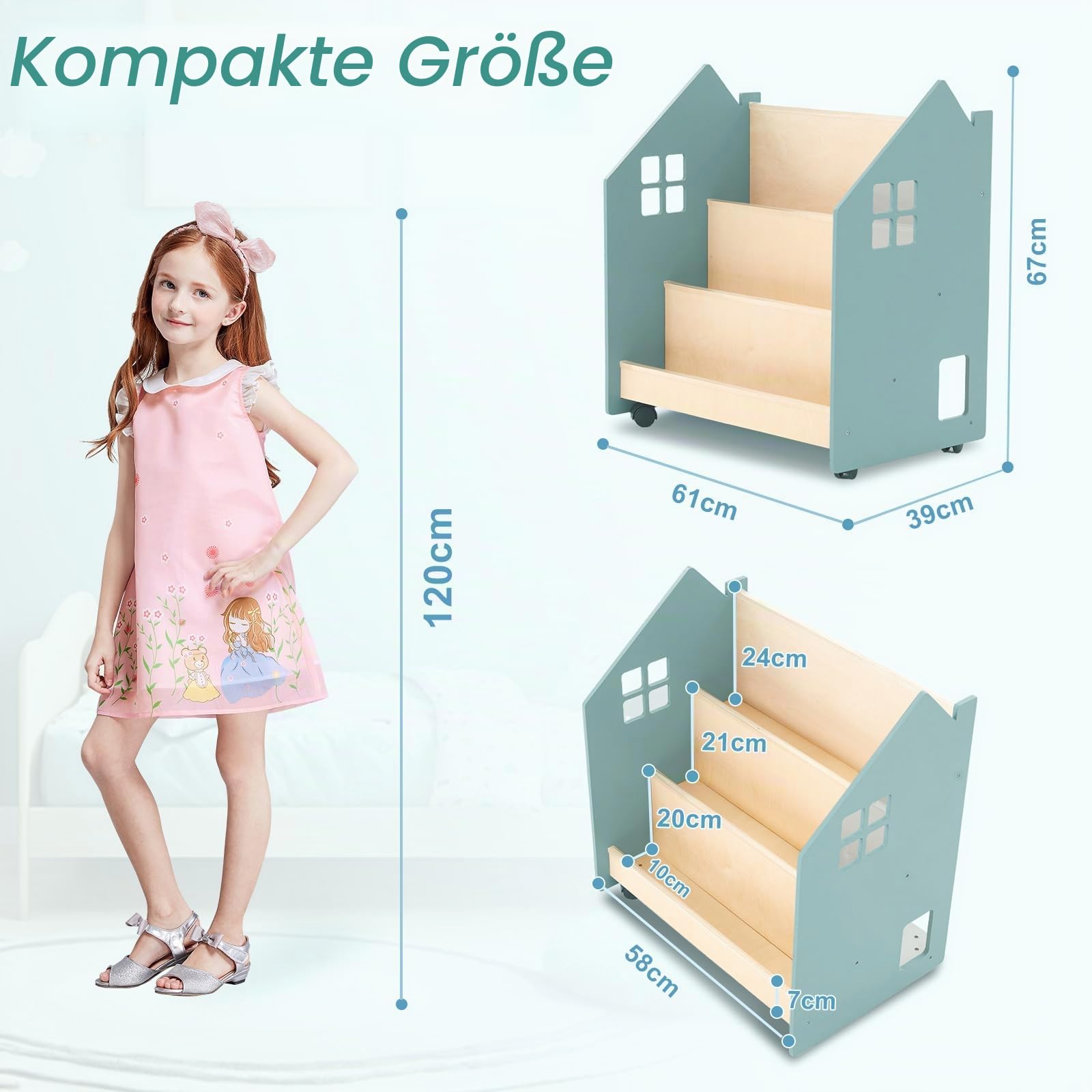 Bücherregal Kinder mit Tafel & Rollen, Montessori Kinderregal Kinderbücherregal mit 3 Fächern, Spielzeug Aufbewahrung Bücher Regal Kinderzimmer, Spielzeugregal Aufbewahrungsregal aus Holz