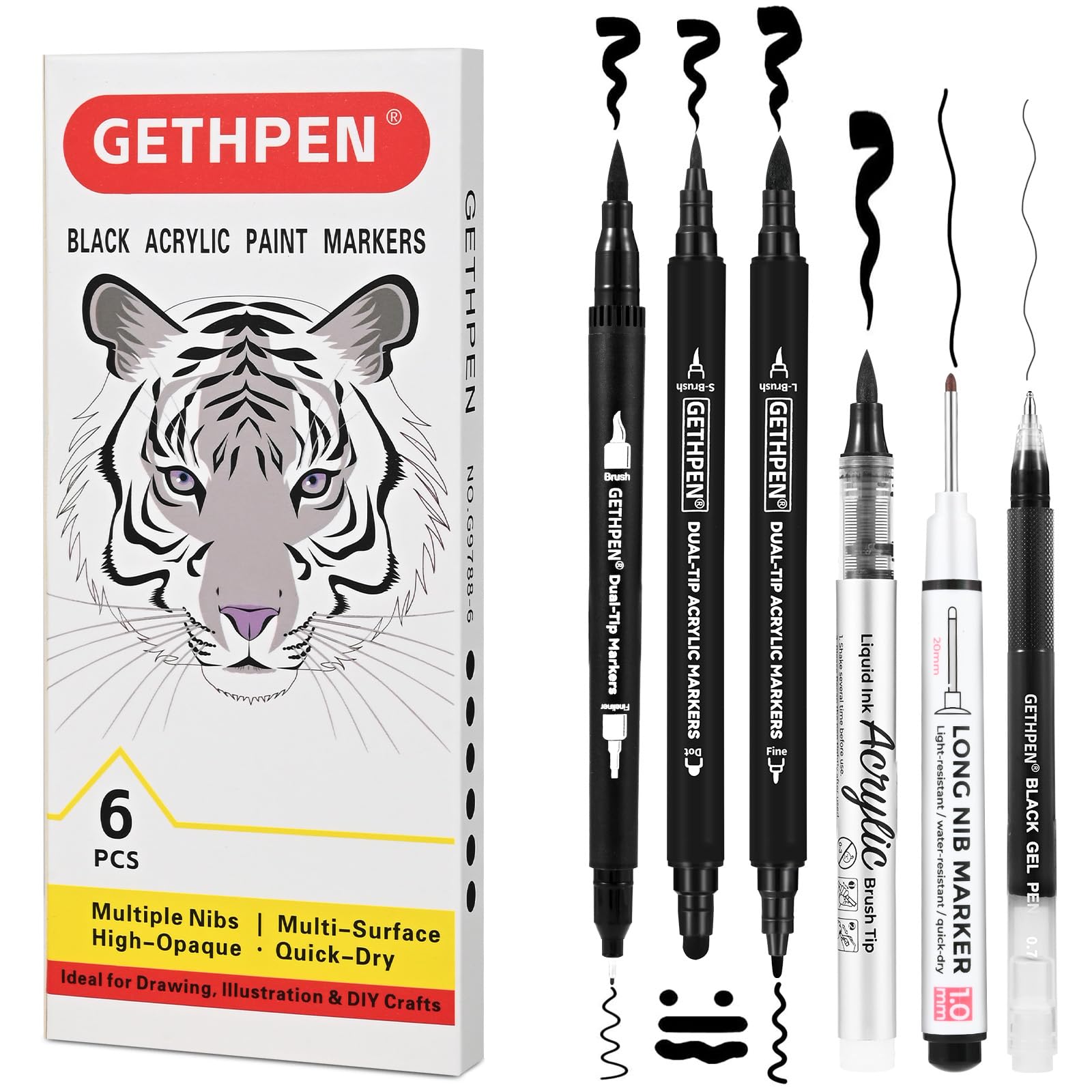 GETHPEN Black Acrylic Ink Pens - 6 Pack -1