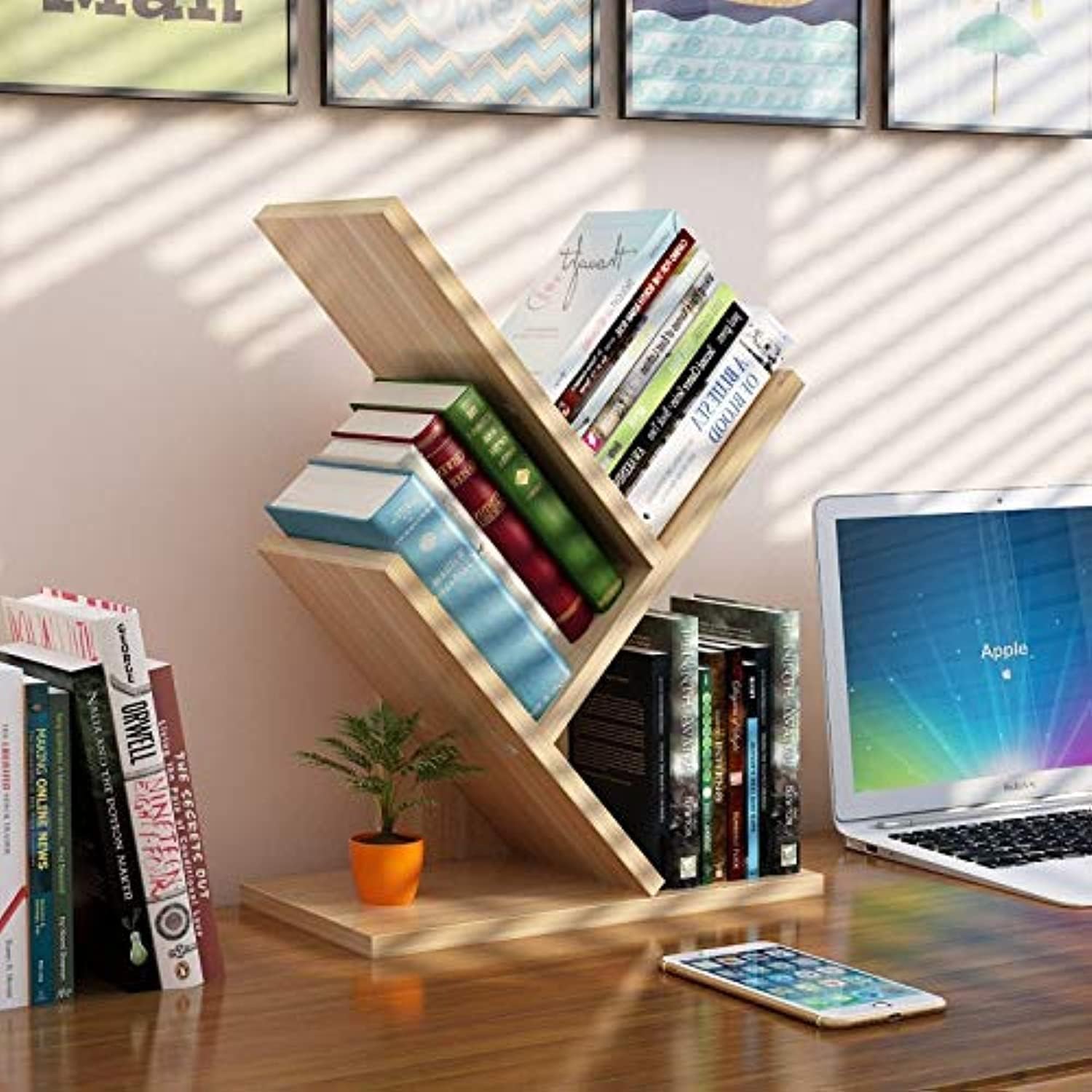 Multi-Layer Desk Tree Bookcase, Simple Wooden Bookshelf, Furniture Office Storage Rack, Living Room Sundries Storage Holder, Desktop Organizer (tree shape, light walnut color)