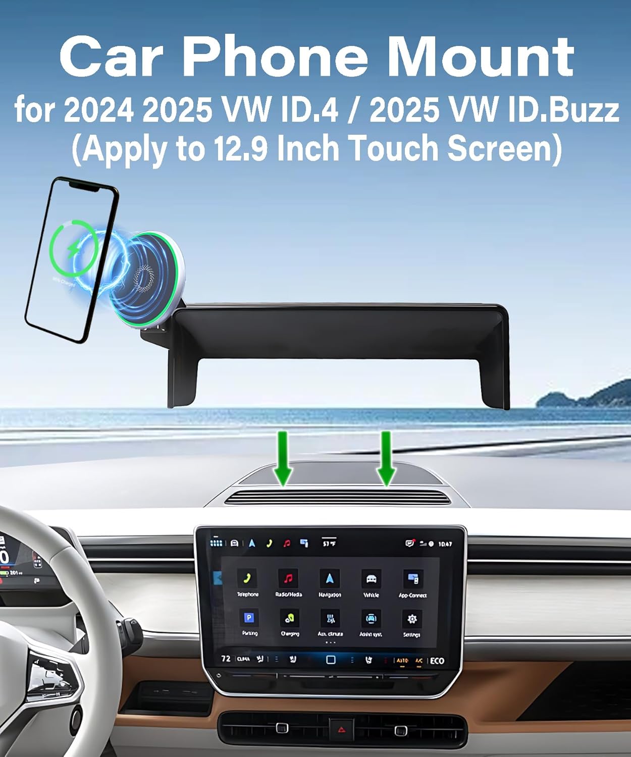 Car Phone Holder for VW ID.4 2024 2025/ID.Buzz 2025 Accessories Apply to 12.9 Inch Touch Screen 15W Fast Wireless Charger Screen Fixed Clip Cell Phone Mount Hands-Free 360 Degree Rotation
