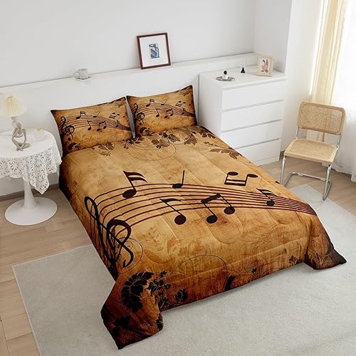 Miniatura 4 de Manfei Juego de edredón musical tamaño Queen, juego de ropa de cama con estampado de notas musicales retro para niños y niñas, decoración de