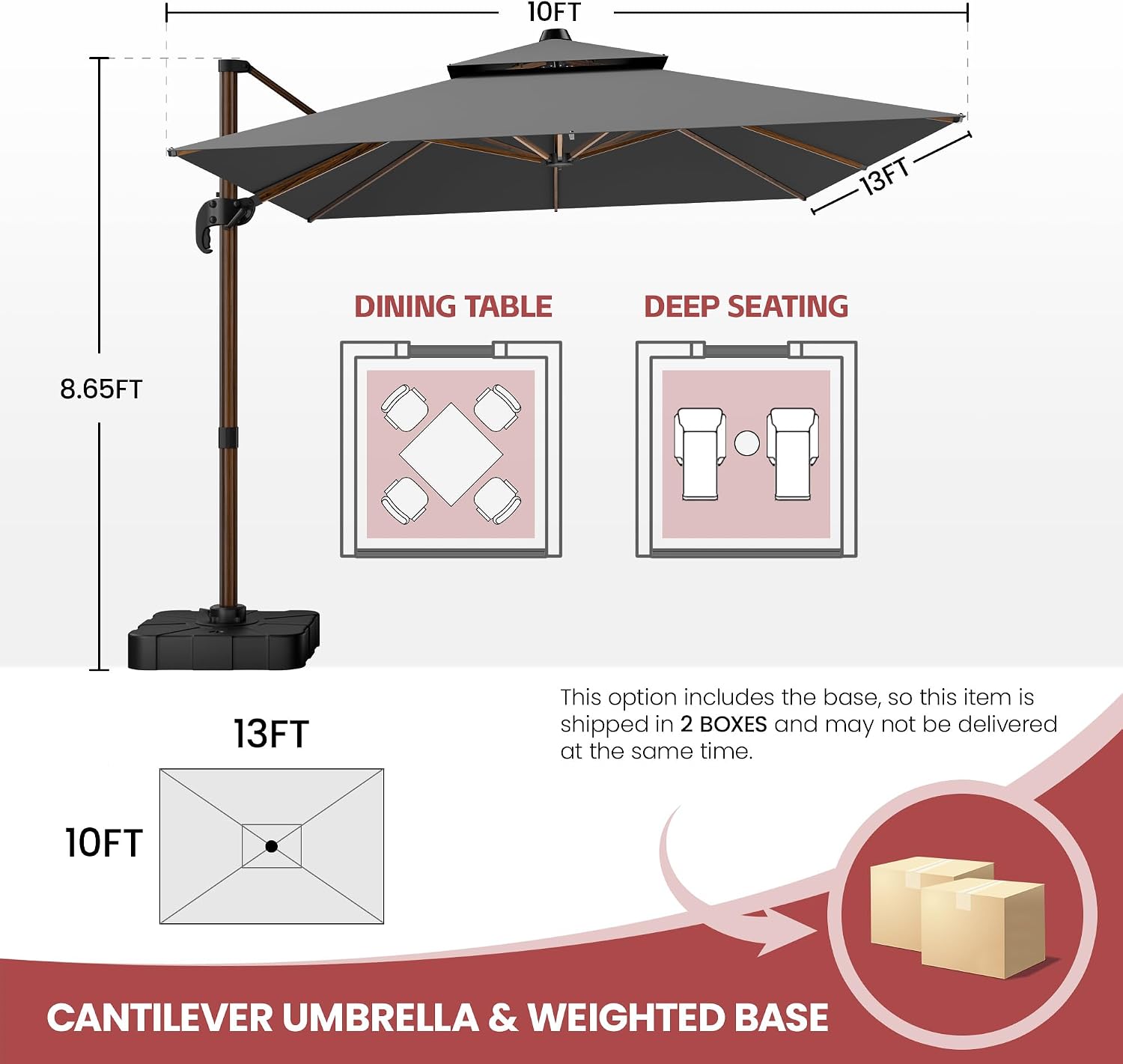 GENTEACO 10x13FT Rectangle Cantilever Patio Umbrella w/Base Included, Deluxe Wood Pattern Pole & 7 Angle Tilts, 360° Rotation, Offset Hanging Market Umbrellas for Garden Pool Patio, Grey