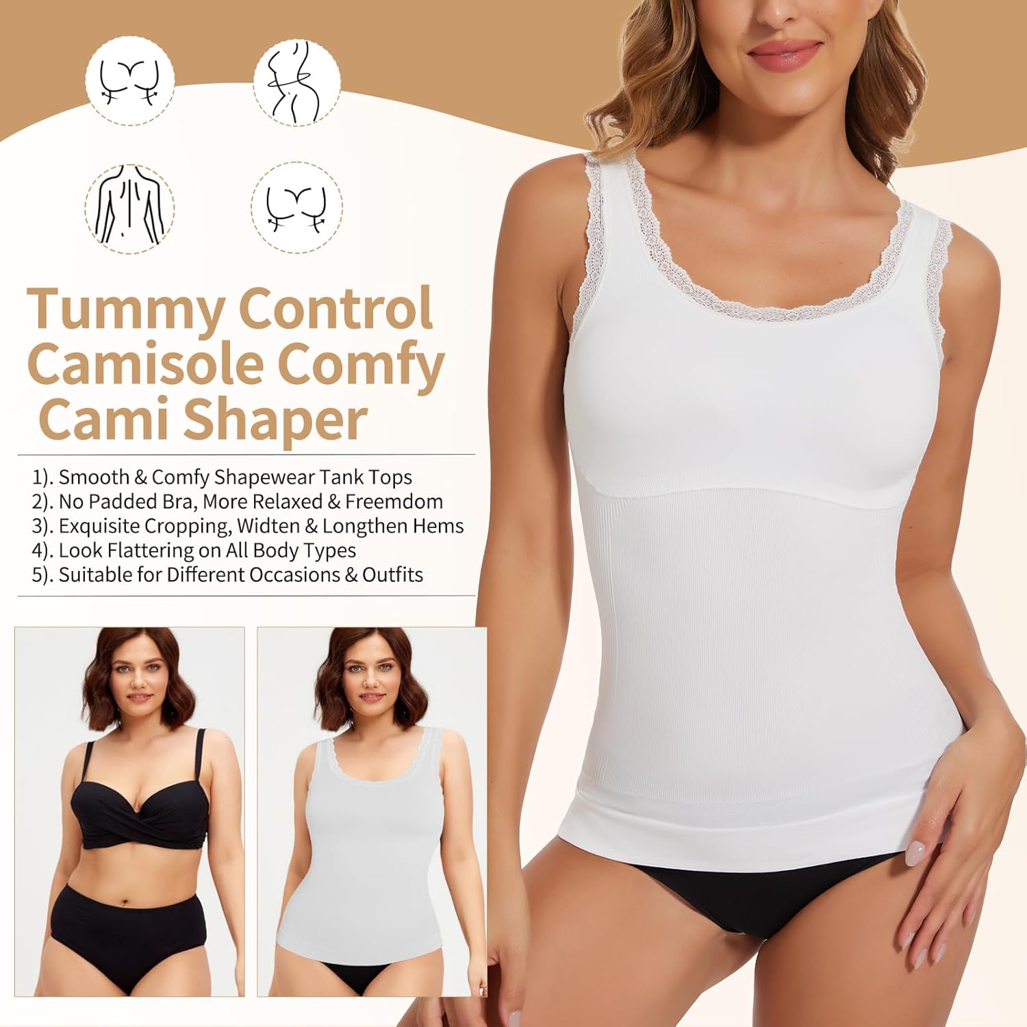 JOYSHAPER Women Shapewear Tank Tops Stretchy Lace Cami Shaper for Tummy Control Shapewear Camisole Comfy Cami Undershirt - Image 3