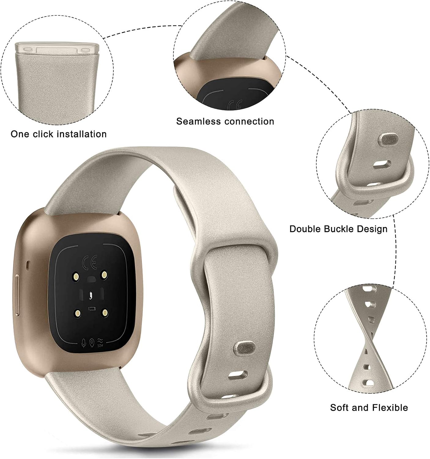 Oumida [4 Pack] Bands Compatible with Fitbit Sense and Fitbit Versa 3 Bands for Women Men, Soft Silicone Wristbands for Fitbit Versa 3 / Fitbit Sense (Large, Gold, Silver, Navy Blue, Pink)