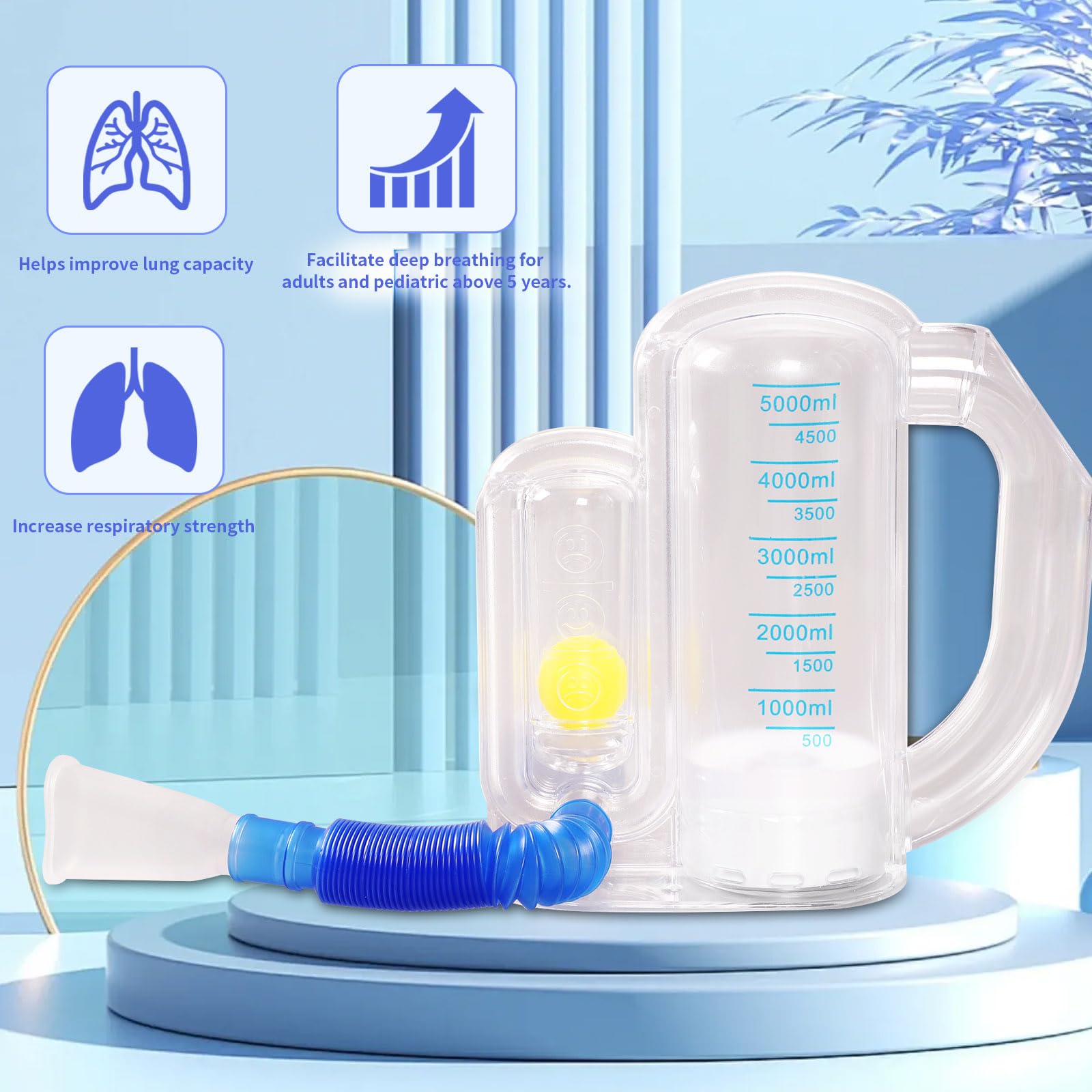 Incentive Spirometer Breathing Exercise Device for Lungs, Deep Breathing Trainer for Adults - 5000ml Volume Measurement with Flow Rate Indicator