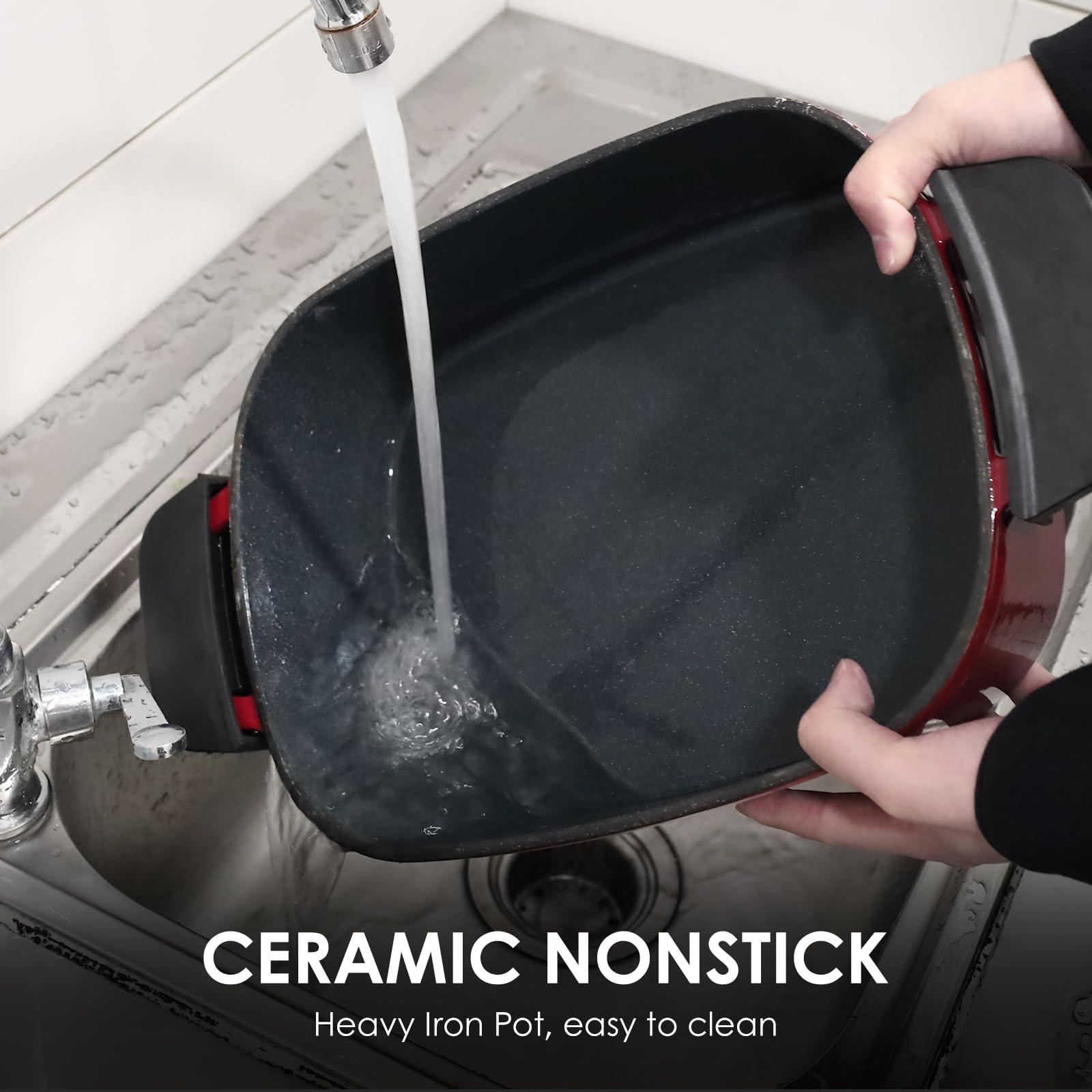 Homtone Cacerola 6 en 1 Slow Cooker 5,5L Programable Esmaltada Extraíble Revestimiento Cerámica Cocción Lenta Vapor Rojo