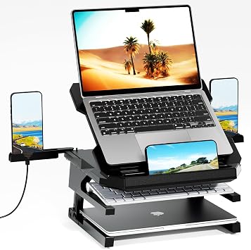 OImaster Laptop Stand for Desk, Phone Stand, Extended Laptops Riser, Elevator, 3 Height Adjustable, Rotatable Base, 10-17 Inches